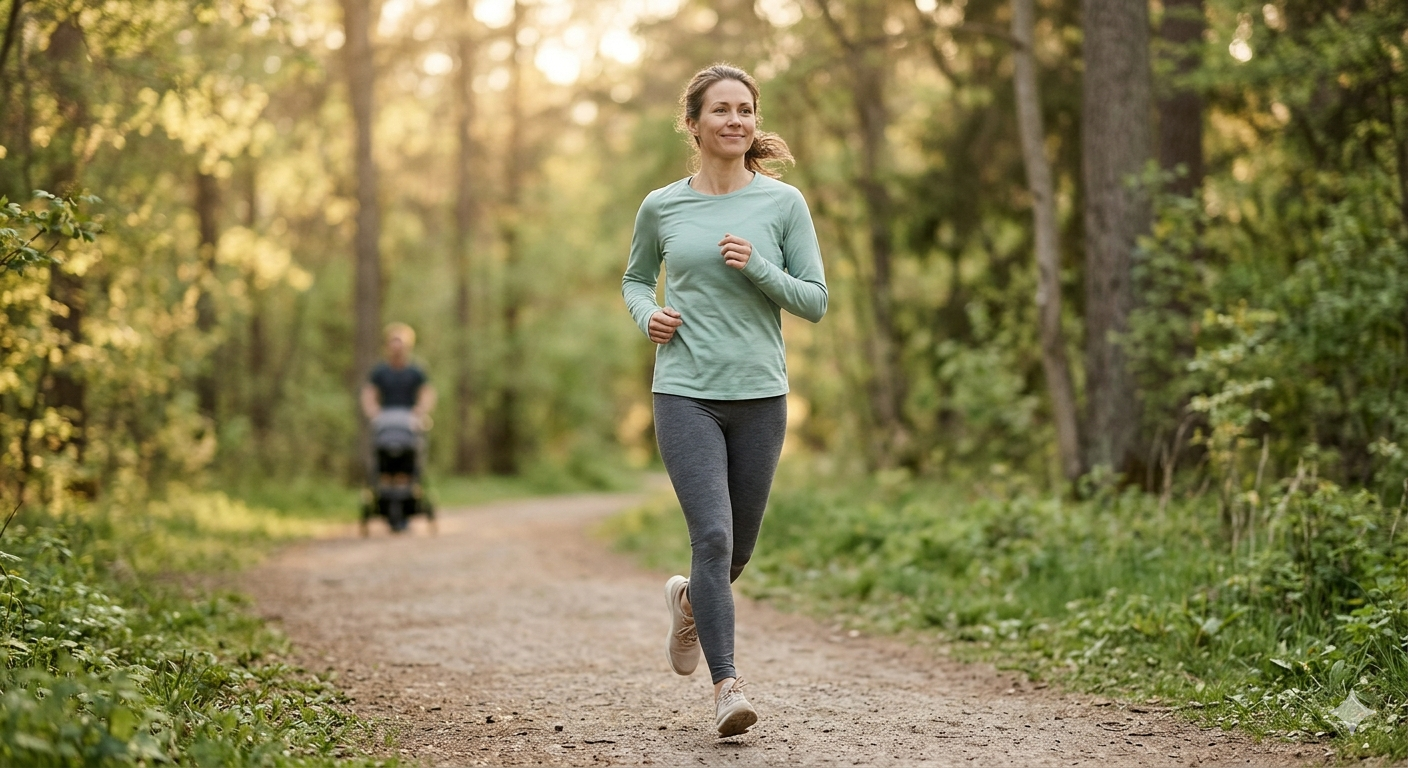 Woman jogging through a sunlit forest path