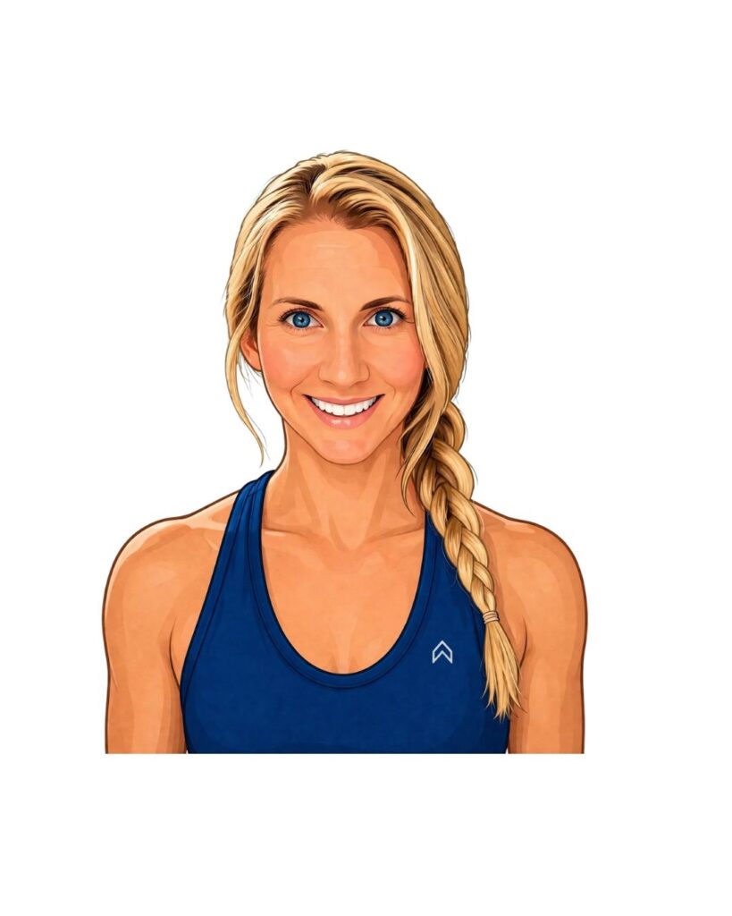 Illustrated portrait of Coach Mandy smiling in a blue running top