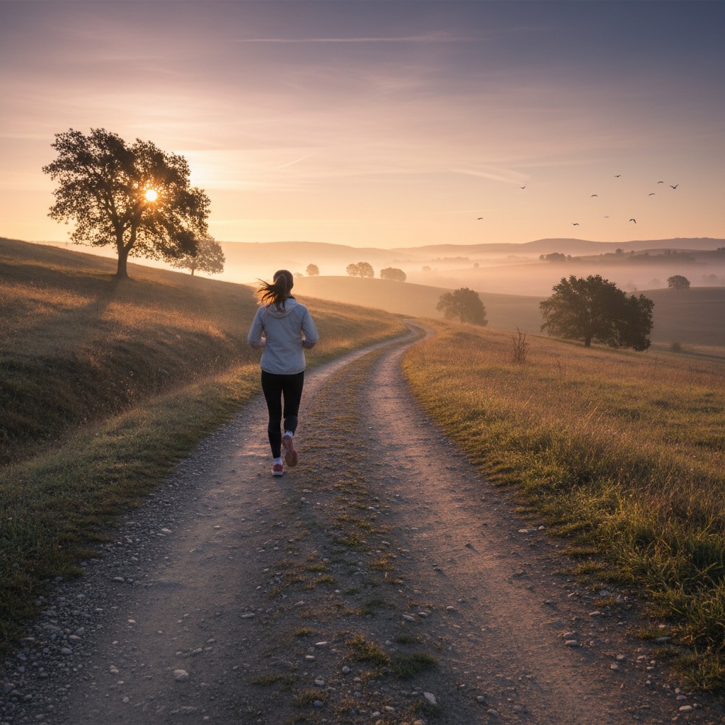 Runner on a quiet countryside road at sunrise
