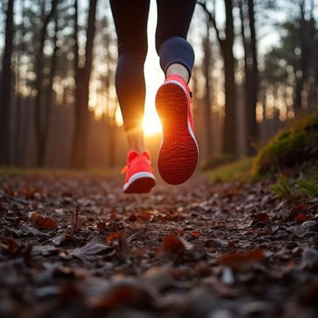Close-up of a runner's shoes on a leaf-covered forest trail at sunrise