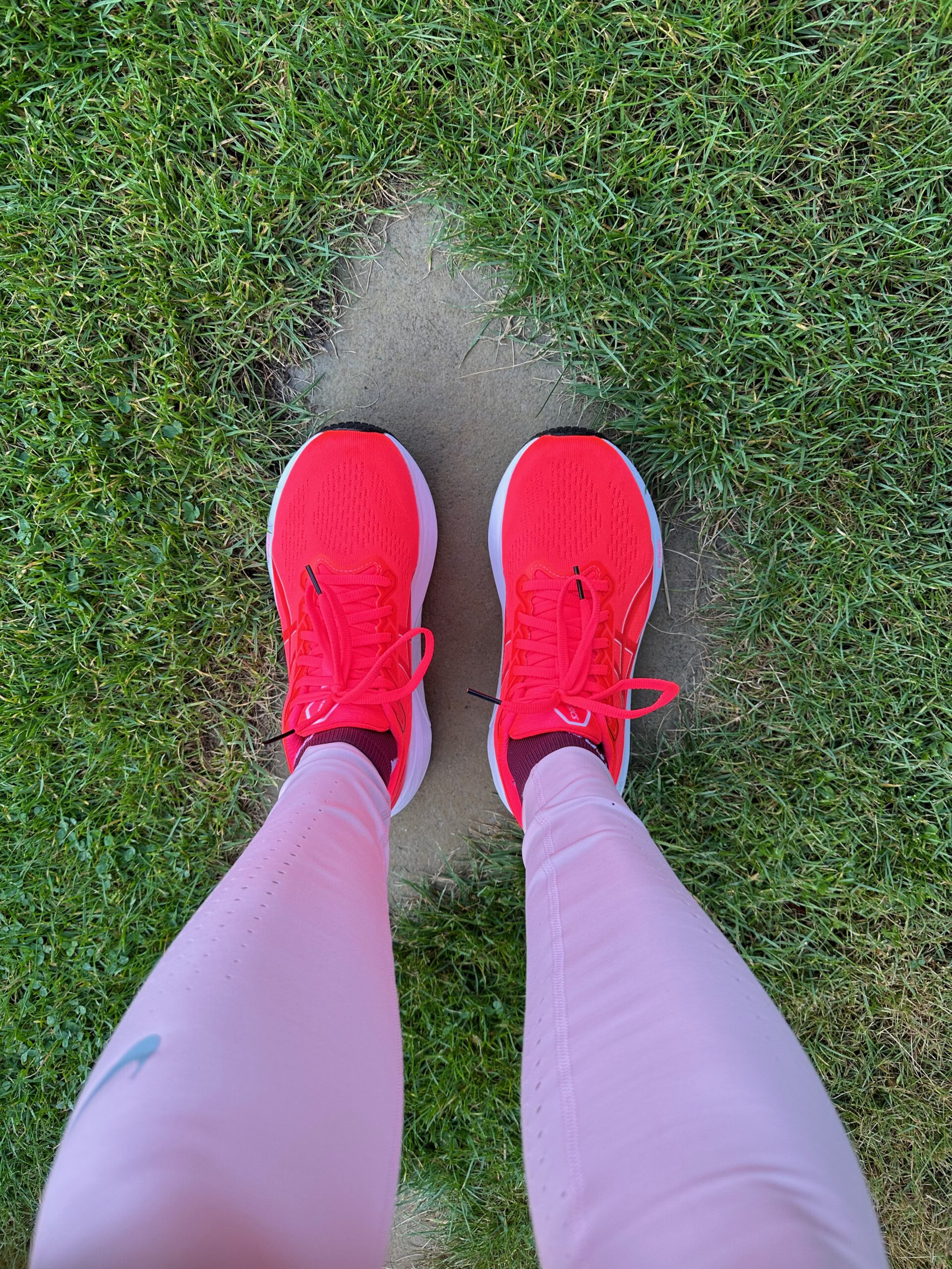 Red running shoes on wet grass, seen from above